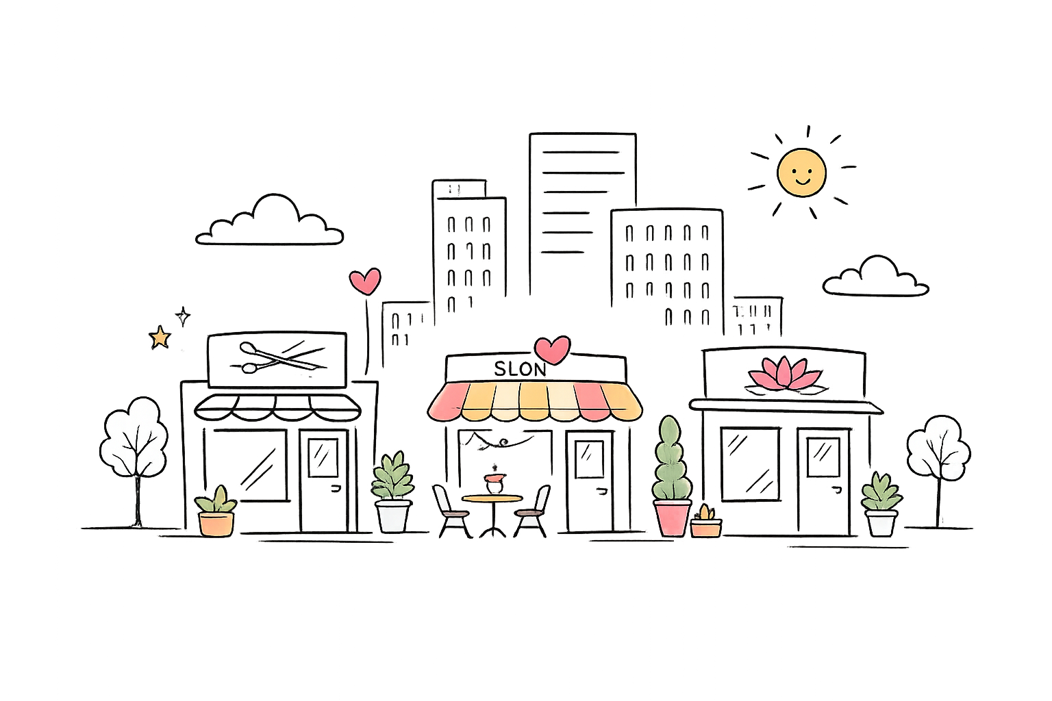 A hand-drawn street of small service businesses.